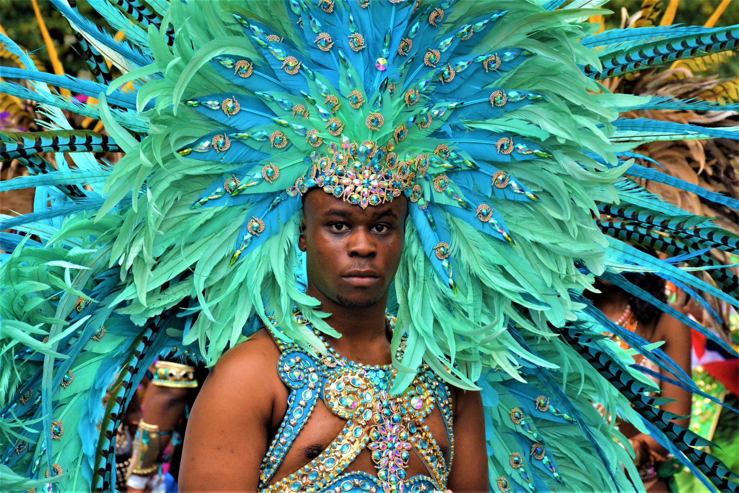 A Black male masquerader framed by a large mint-green feathered costume at Notting Hill Carnival